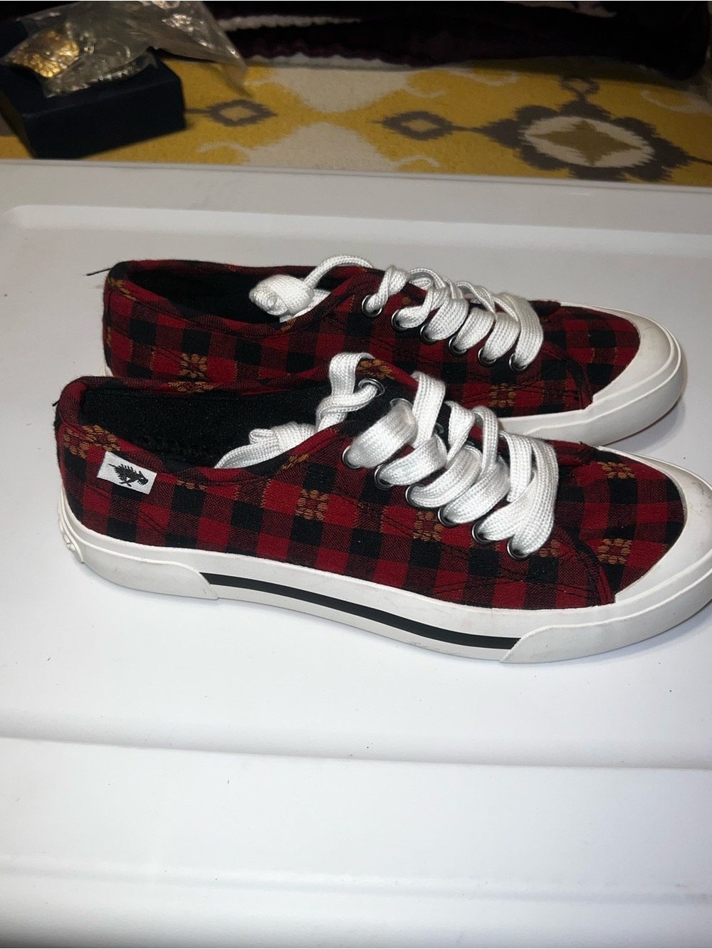 Ed Hardy Red Black Plaid Kids Low-Top Sneakers